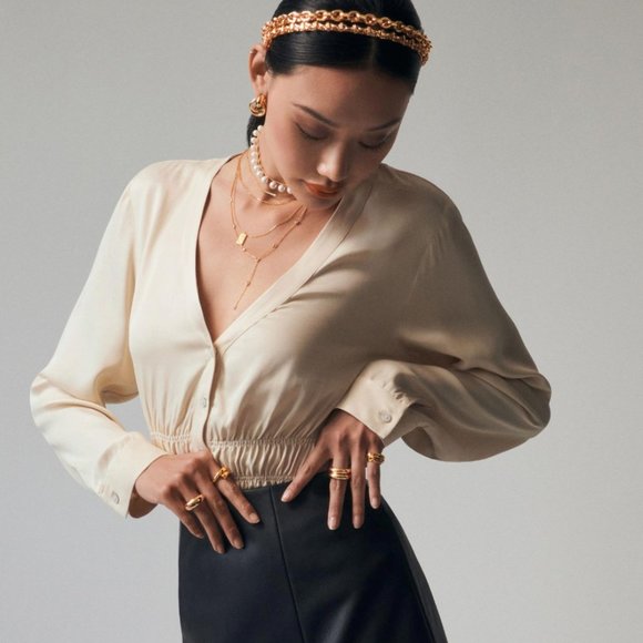 Anthropologie Smocked Satin Blouse Top Large MSRP Large $98 NWT - Picture 4 of 16